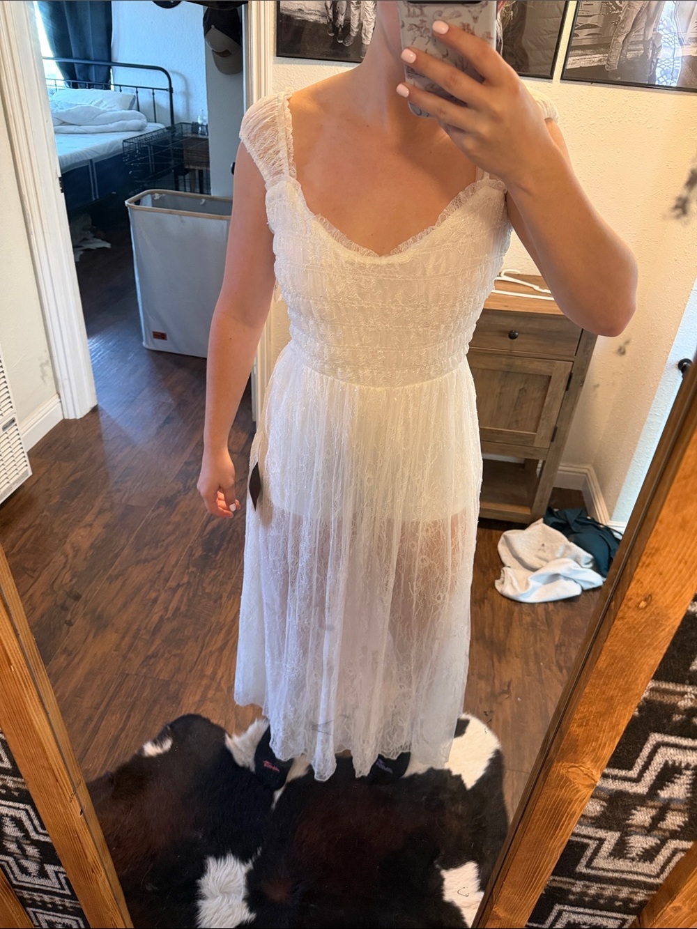 Elegant White Lace Midi Dress with Sheer Skirt
